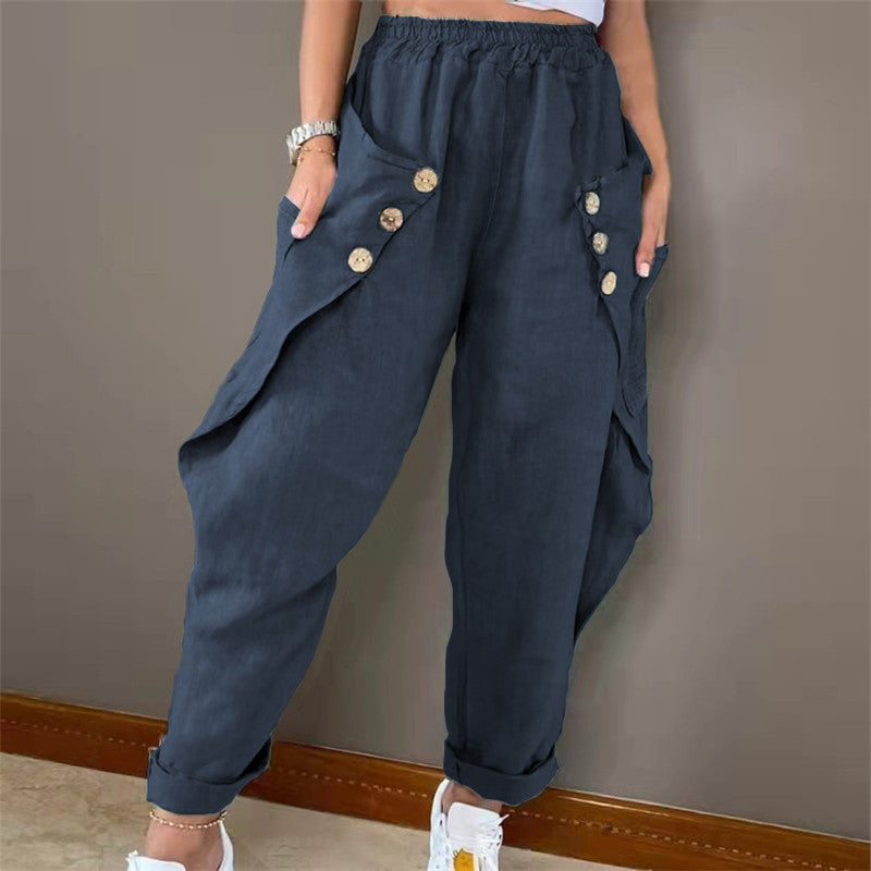 Damen lässige Sommerhose mit Knopfdetails und praktischen Seitentaschen Heidi-Mode