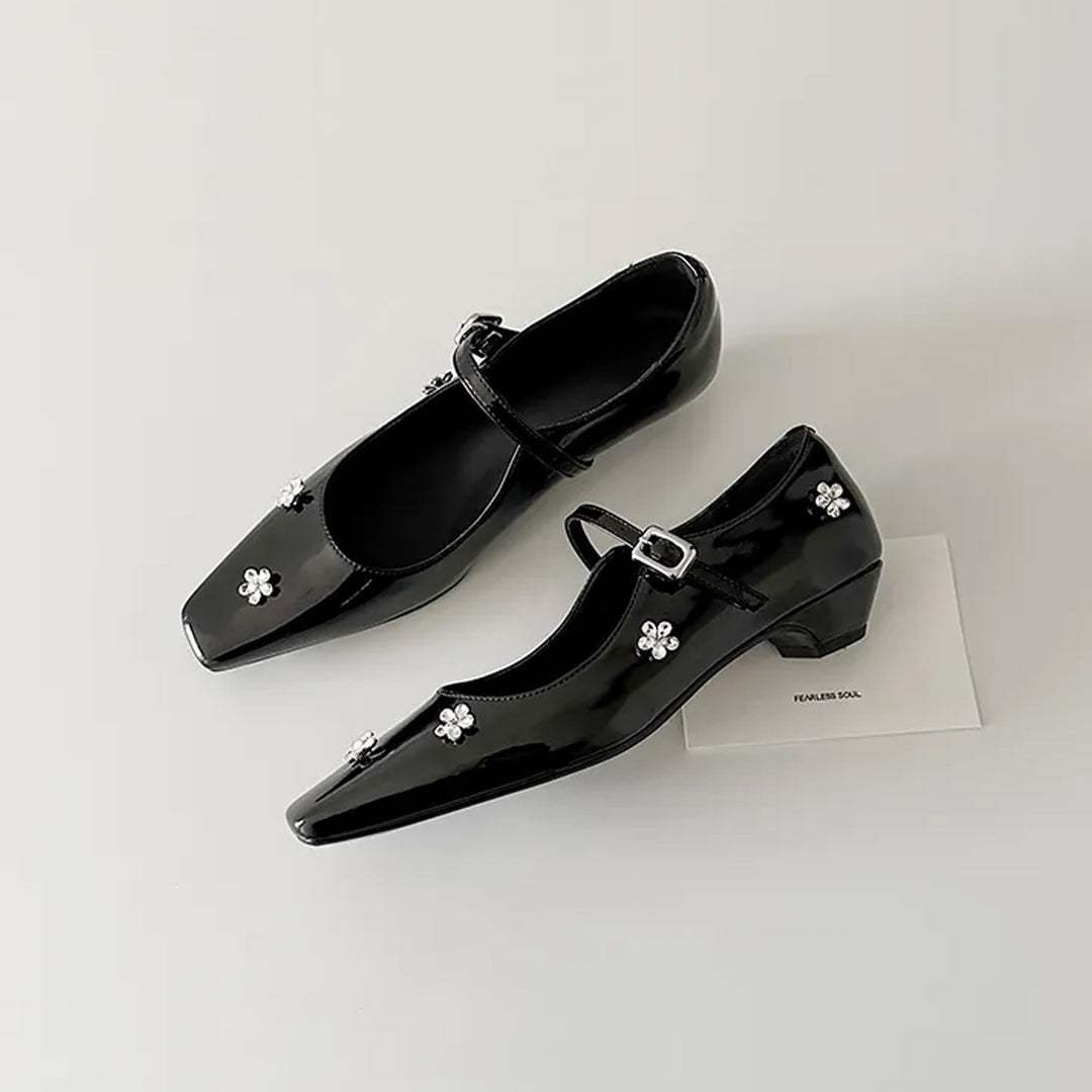 Damen elegante spitze Mary Jane Flache mit Blumenakzenten Heidi-Mode