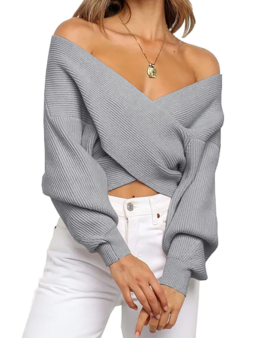 Damen eleganter cropped Pullover mit weitem V-Ausschnitt und Rippstruktur Heidi-Mode