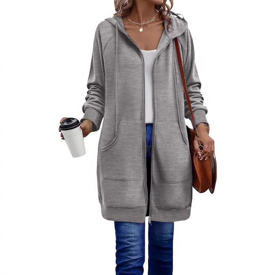 Damen Lange Kapuzenjacke mit Reißverschluss und praktischen Taschen Heidi-Mode