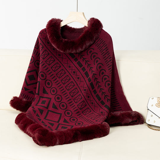 Damen modischer Poncho mit dekorativem Kunstfellkragen Heidi-Mode