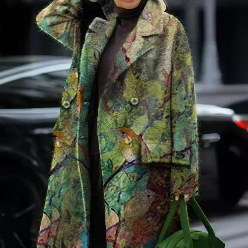 Damen Blumenmuster Maxi-Mantel mit elegantem Reverskragen und schwingendem Saum Heidi-Mode