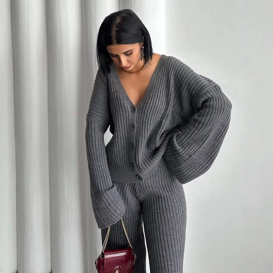 Damen Strick-Loungewear-Set mit weiten Ärmeln und Knopfleiste Heidi-Mode