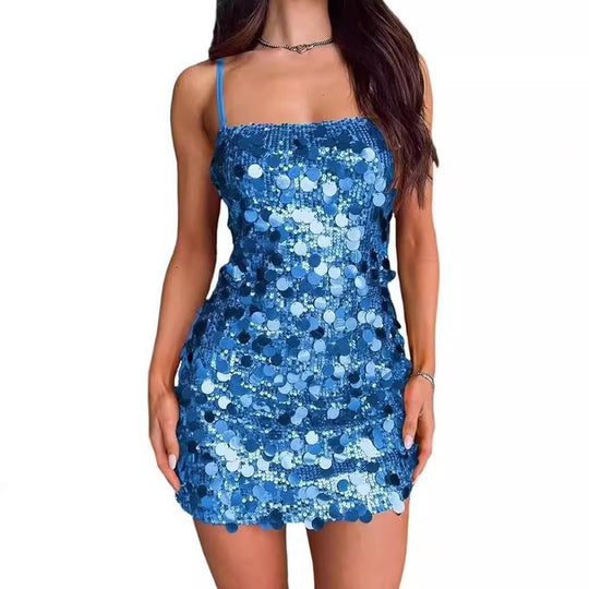 Damen Sexy Minikleid mit funkelnden Pailletten und schmalen Trägern Heidi-Mode