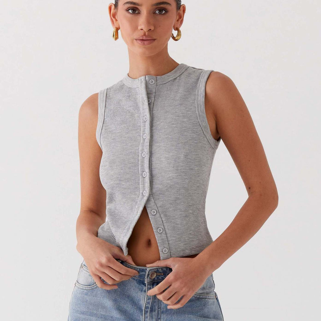 Damen ärmelloses Knopfschalenshirt aus Rippenstoff mit modernem Schnitt Heidi-Mode