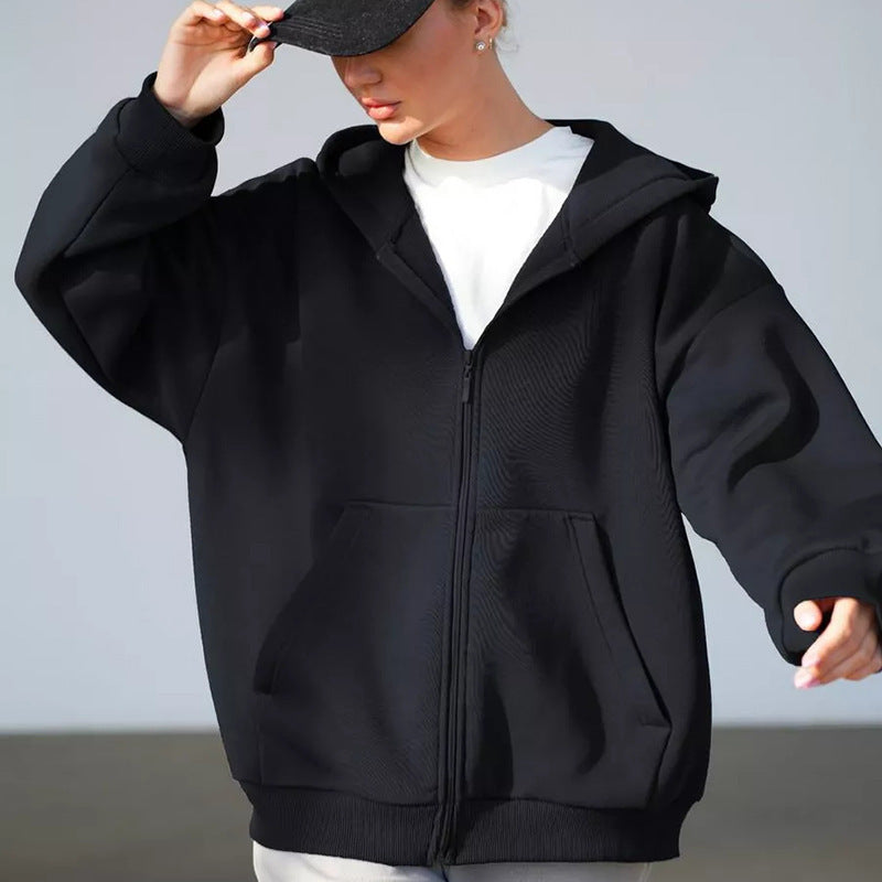 Damen oversized Kapuzenjacke mit durchgehendem Reißverschluss und großen Taschen Heidi-Mode
