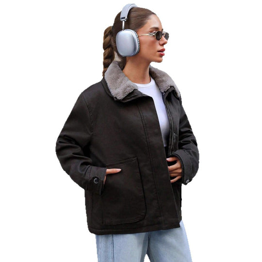 Damen lässige Übergangsjacke mit Kunstfellkragen und praktischen Taschen Heidi-Mode