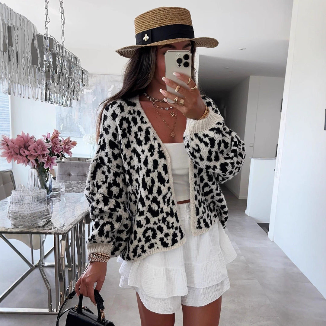 Damen lässige Strickjacke im Leopardenmuster Heidi-Mode