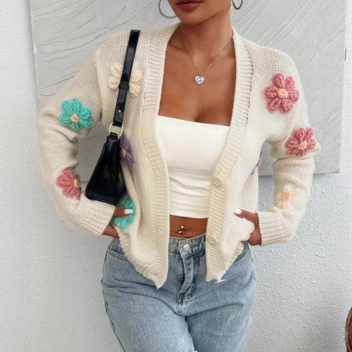 Damen Verspielter Strick-Cardigan mit handgehäkelten Blumenapplikationen Heidi-Mode