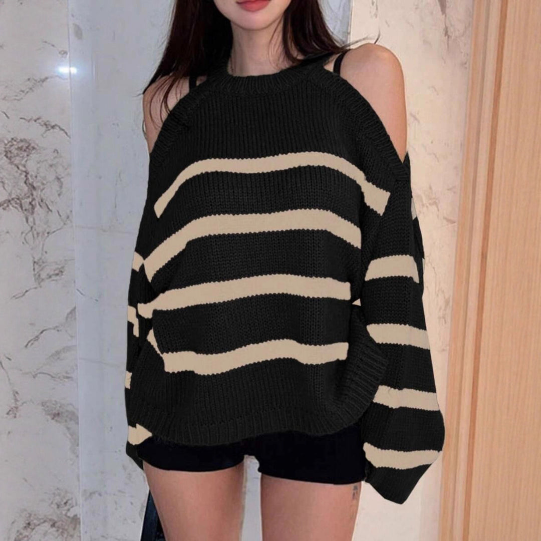 Damen Off-Shoulder Strickpullover mit breiten Streifen Heidi-Mode