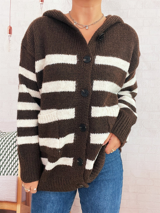 Damen oversized Strickjacke mit kontrastierenden Streifen und Kapuze Heidi-Mode