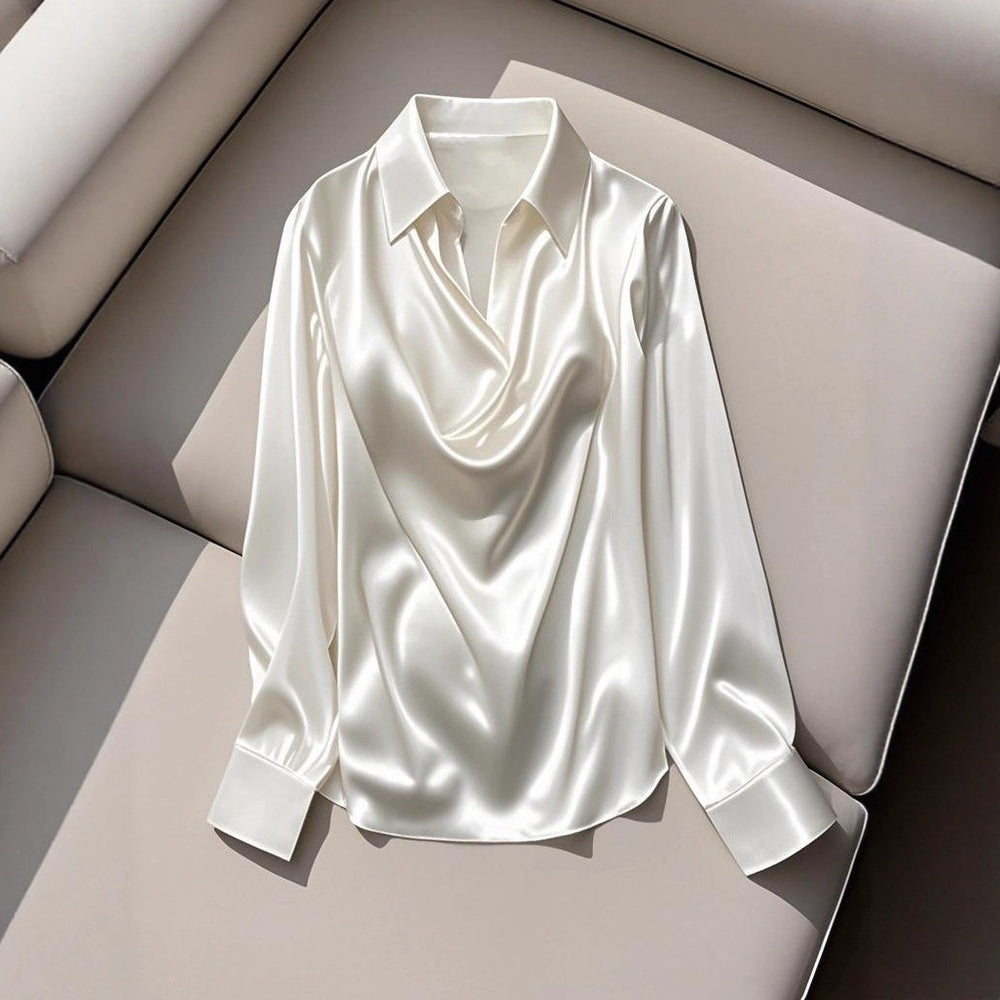 Damen Seidene Bluse mit schickem Wasserfall-Ausschnitt und lange Ärmel Heidi-Mode