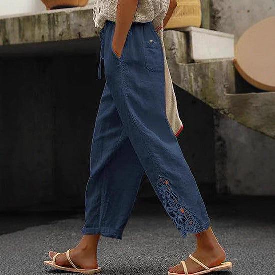 Damen luftige Leinenhose mit dekorativen Stickereien Heidi-Mode