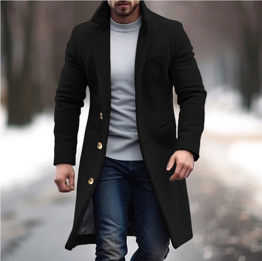 Herren eleganter langes Wollmantel mit schmalem Schnitt und goldenen Knöpfen Heidi-Mode