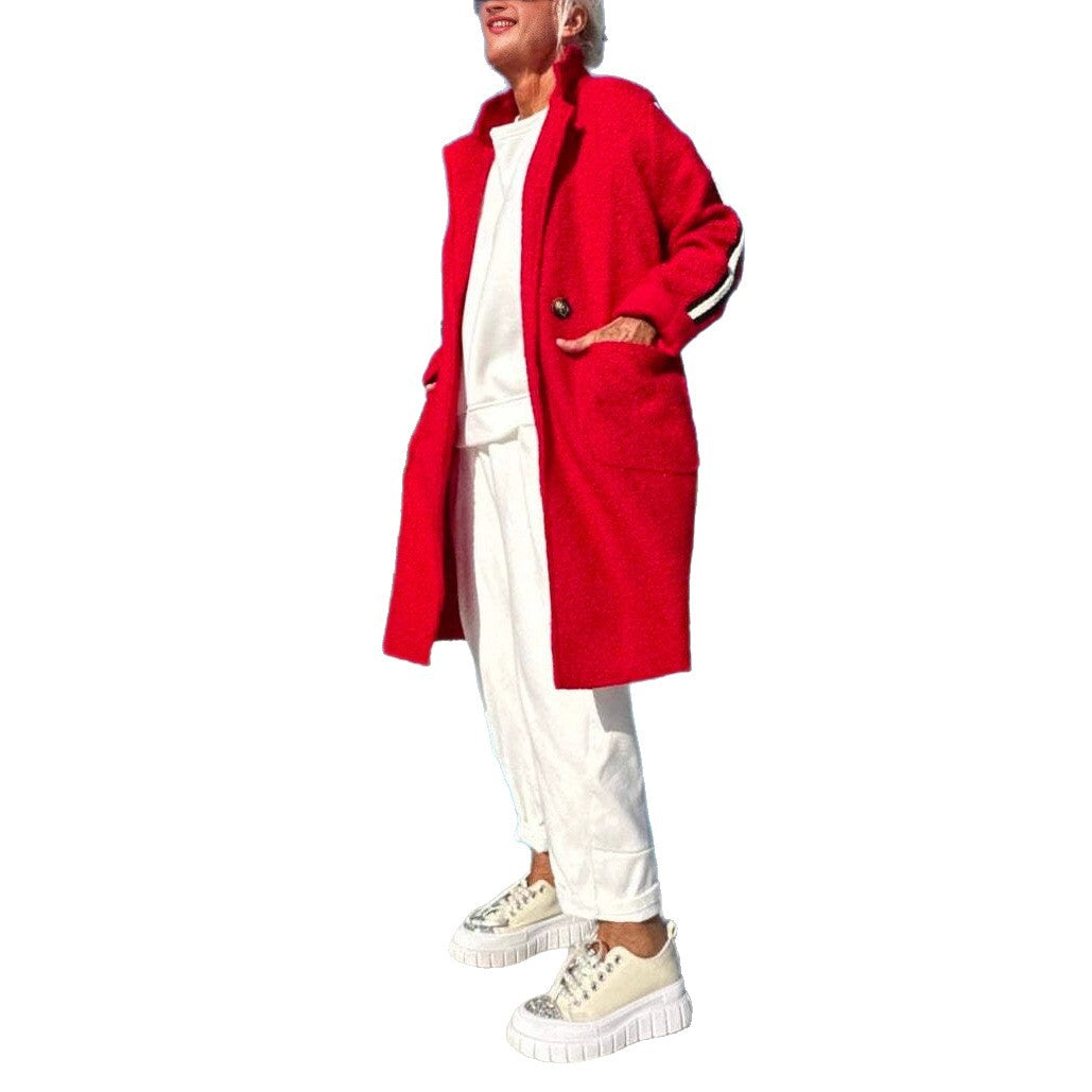 Damen eleganter Teddy-Mantel mit zwei Taschen und sportlichen Streifen Heidi-Mode
