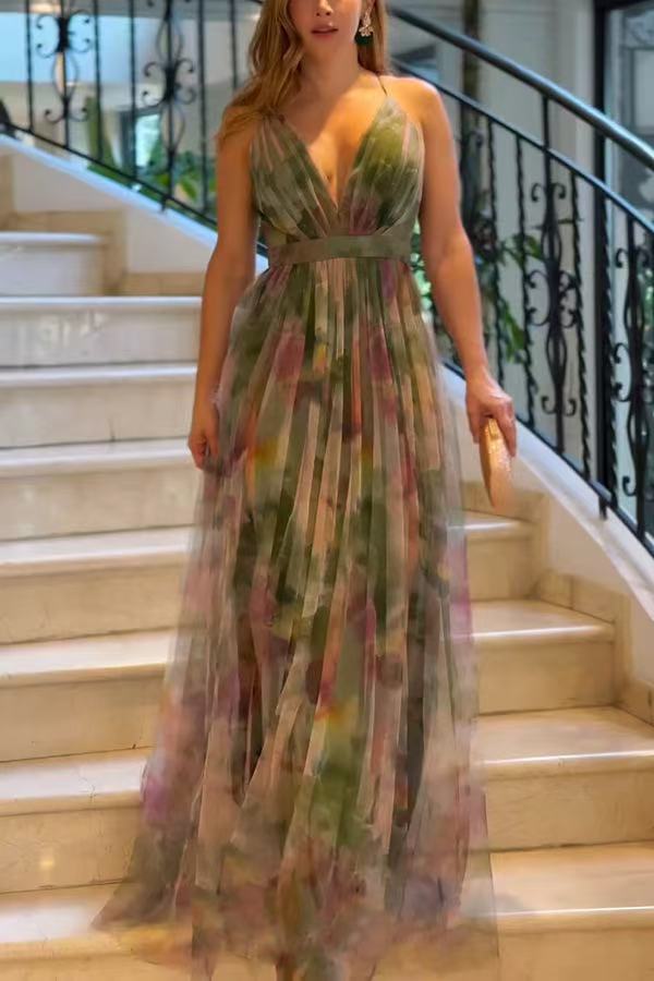 Damen Maxi-Kleid mit tiefem V-Ausschnitt und schwingendem Rock Heidi-Mode