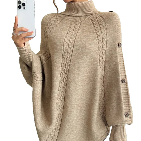 Damen Eleganter Strickponcho mit Rollkragen und Zopfmuster Heidi-Mode