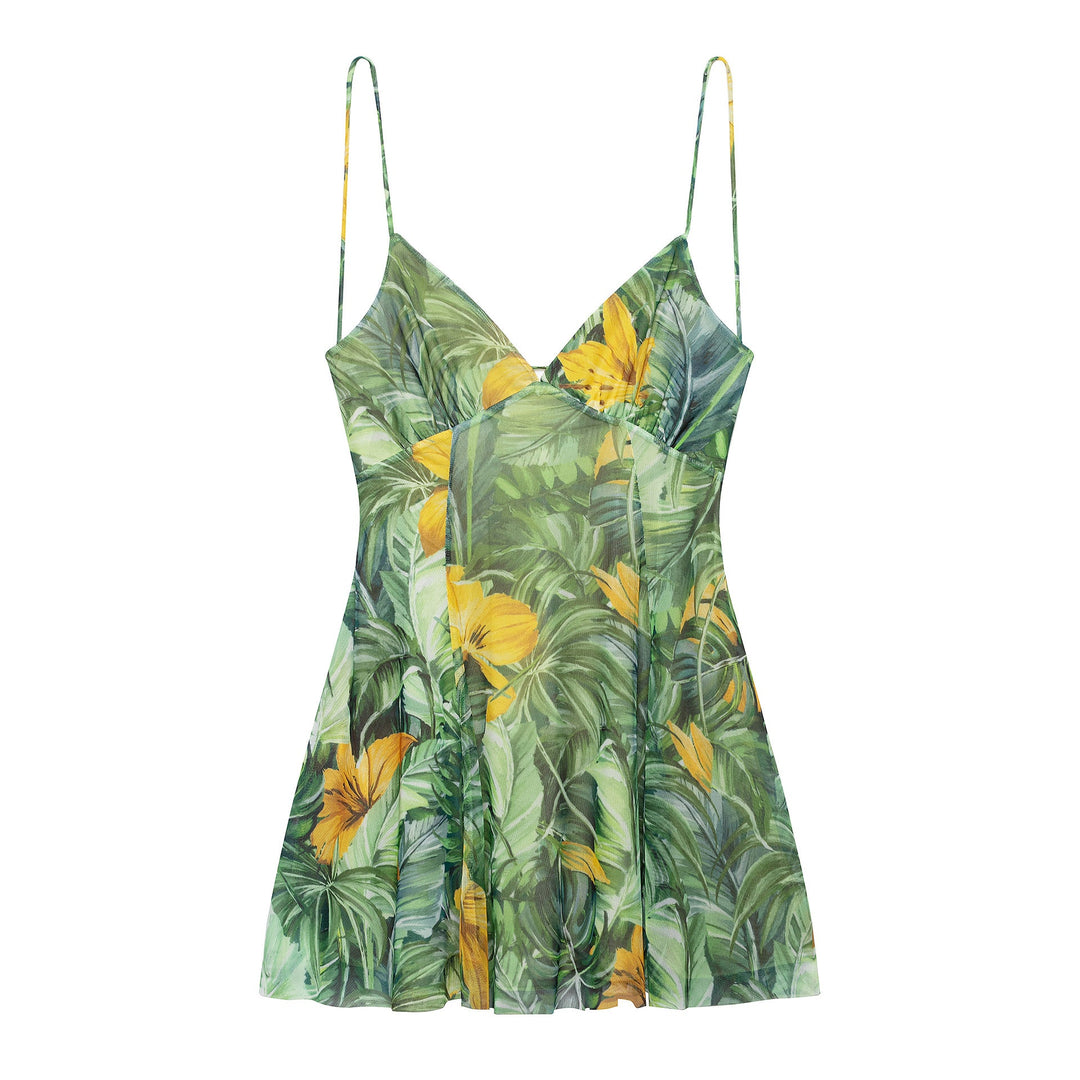 Damen Minikleid mit Floralem Muster und Feinen Spaghettiträgern Heidi-Mode