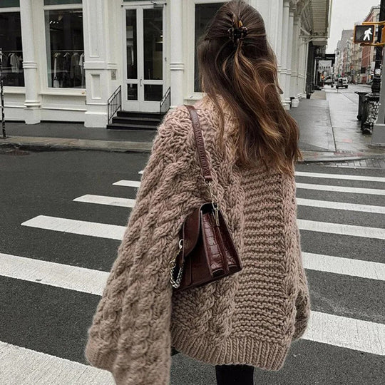 Damen Grobstrickpullover mit übergroßen Ärmeln Heidi-Mode