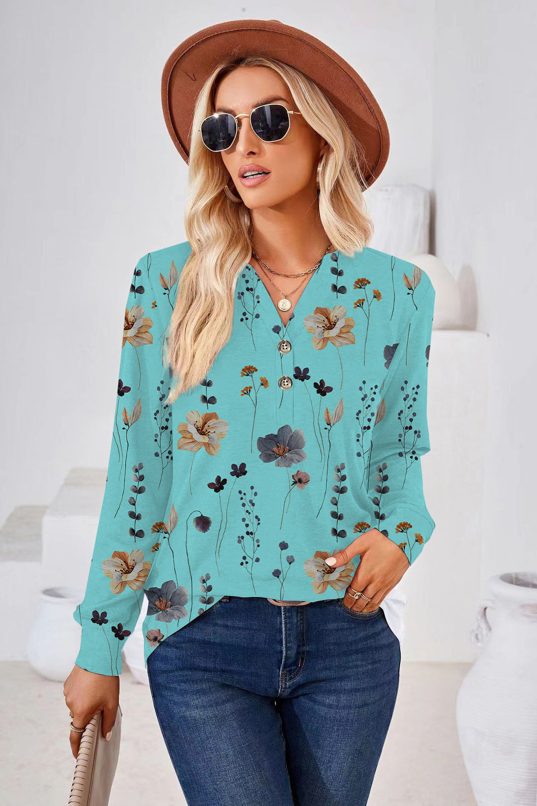 Damen Langarm-Bluse mit floralem Druck und Knopfleiste Heidi-Mode
