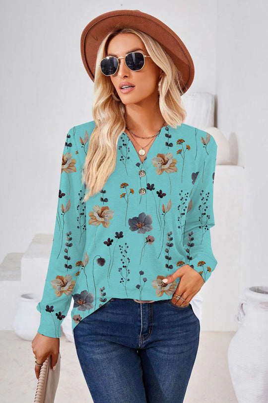 Damen Langarm-Bluse mit floralem Druck und Knopfleiste Heidi-Mode