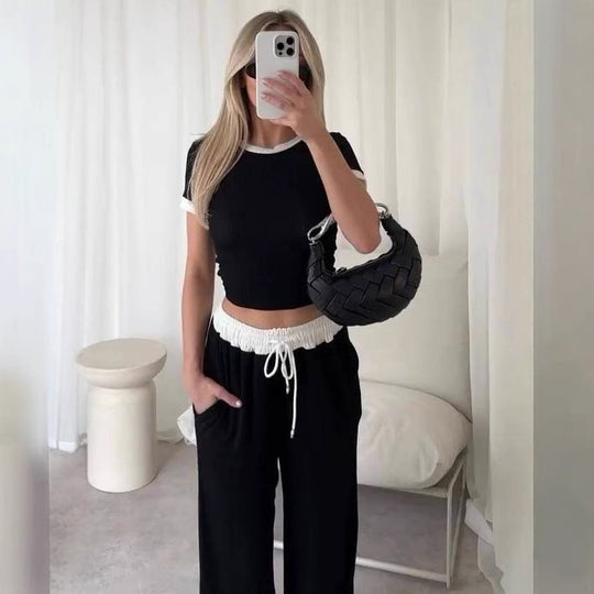 Damen lässiges Cropped Lounge-Set mit weicher Rippstruktur und bequemen Hosen Heidi-Mode