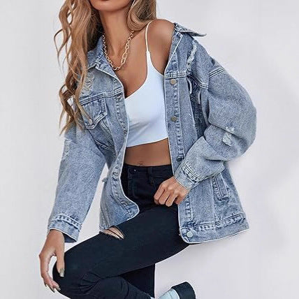 Damen lässige Oversized Jeansjacke mit distressed Details und hochwertigen Metallknöpfen Heidi-Mode