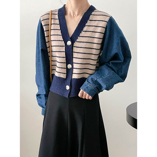Damen modische Strickjacke mit modernen Streifen-Design und Raglanärmeln Heidi-Mode