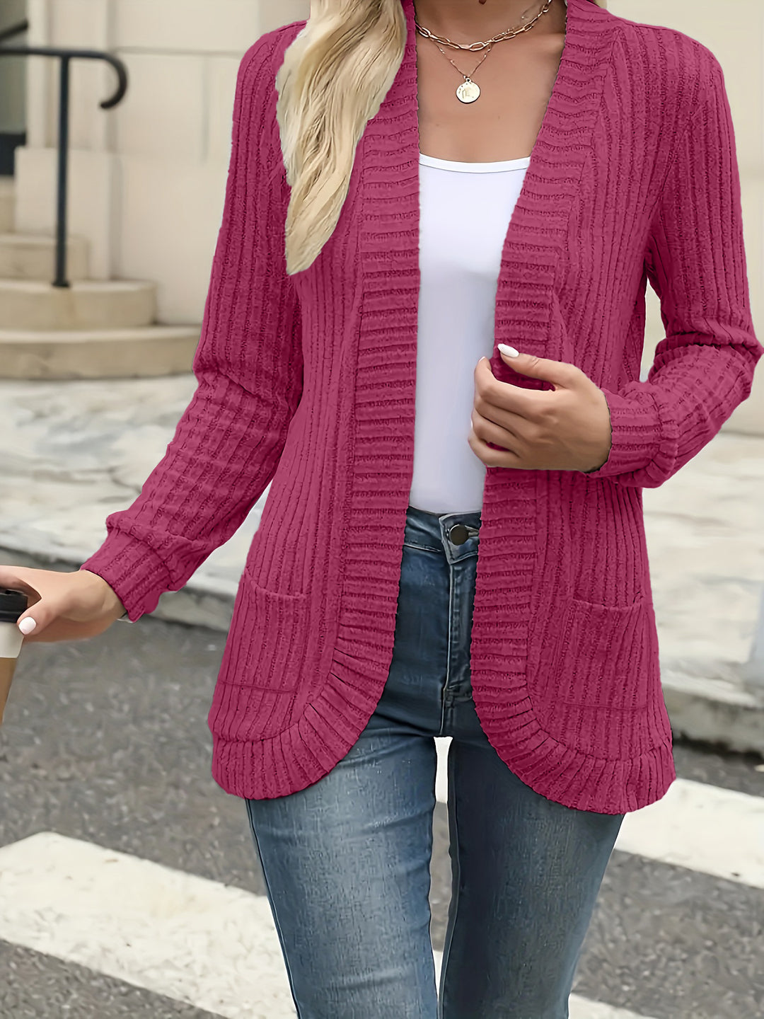 Damen Strickjacke mit offenen Front und praktischen Taschen Heidi-Mode
