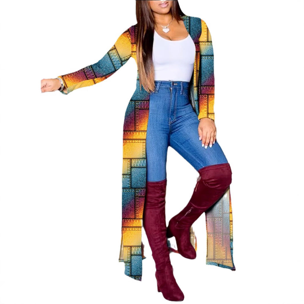Damen Lange Strickjacke mit modernem grafischem Muster Heidi-Mode