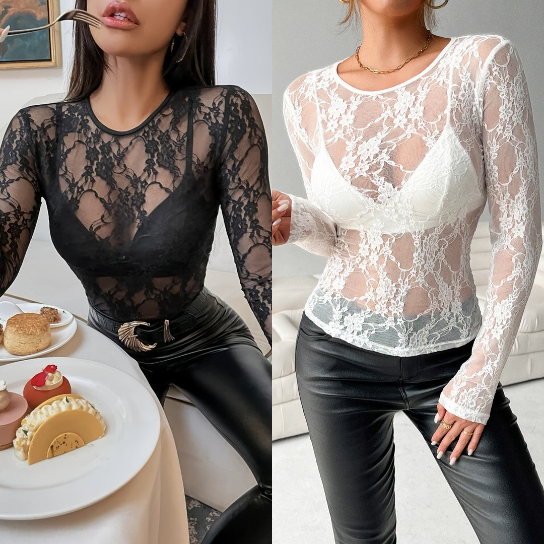 Damen Elegantes Spitzenshirt mit transparentem Design Heidi-Mode