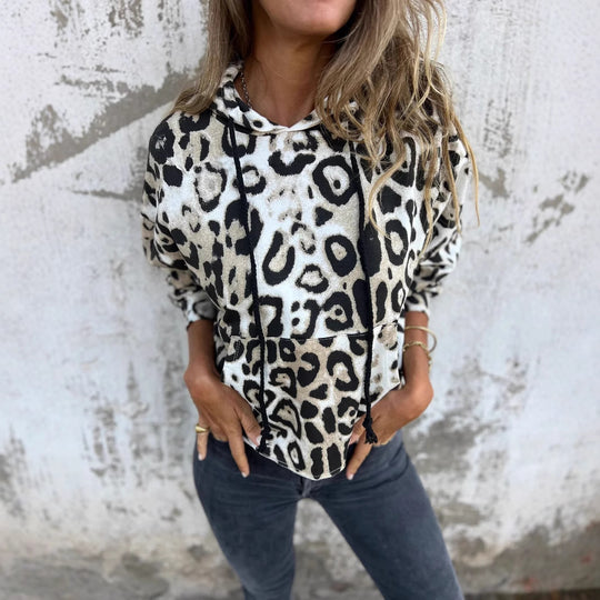 Damen Kapuzenpullover mit lässigem Leopardenmuster und praktischen Seitentaschen Heidi-Mode