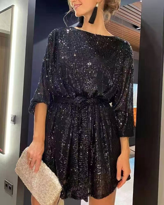 Damen Glitzerndes Minikleid mit langen Ärmeln und schimmerndem Oberstoff Heidi-Mode