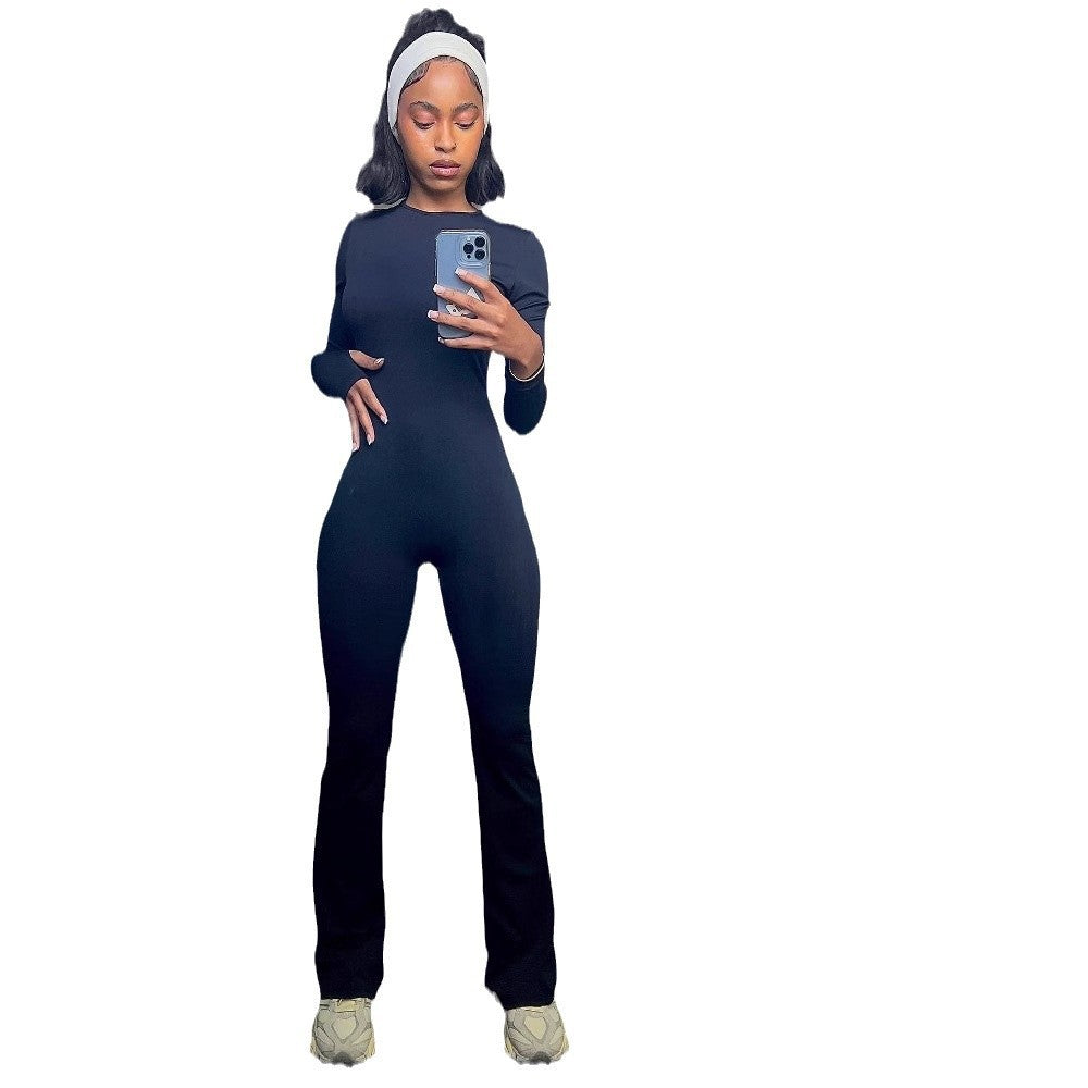 Damen Eleganter körperbetonter Jumpsuit mit langen Ärmeln und ausgestelltem Bein Heidi-Mode