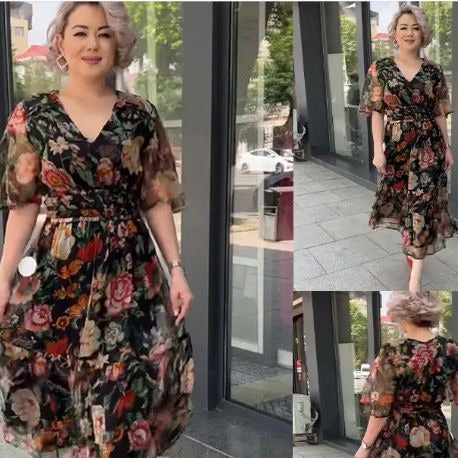 Damen Floral Maxi Kleid mit Rüschensleeves und hohem Schlitz Heidi-Mode