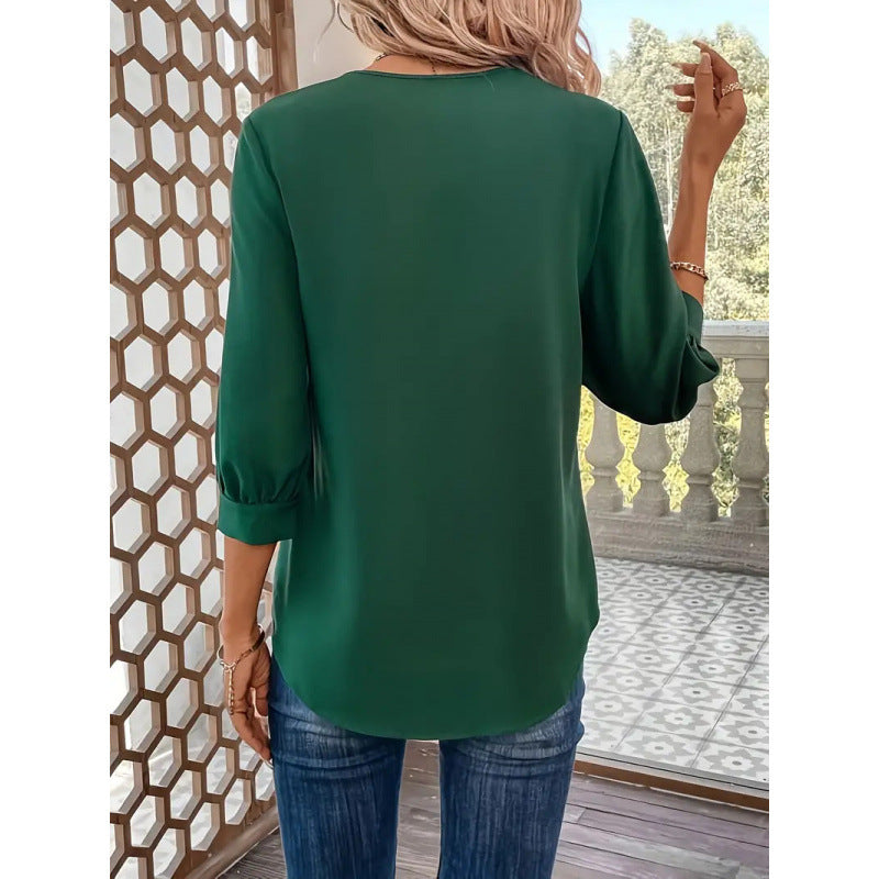 Damen Elegante Viskosebluse mit 3/4-Ärmeln und V-Ausschnitt Heidi-Mode