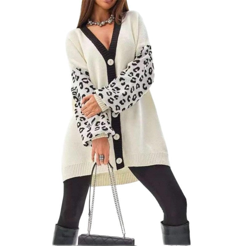 Damen Grobstrick Cardigan mit Leopardenmuster und Knopfdetaillierung Heidi-Mode