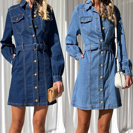 Damen Jeanshemd Kleid mit tailliertem Schnitt und Gürtel Heidi-Mode