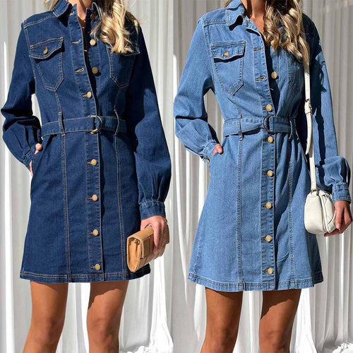Damen Jeanshemd Kleid mit tailliertem Schnitt und Gürtel Heidi-Mode