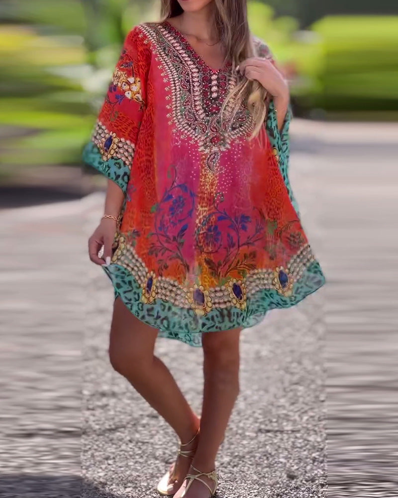 Damen Kaftan mit elegantem V-Ausschnitt und funkelndem Print Heidi-Mode