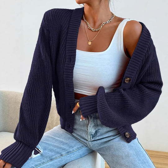 Damen bequeme Strickjacke mit schickem V-Ausschnitt Heidi-Mode
