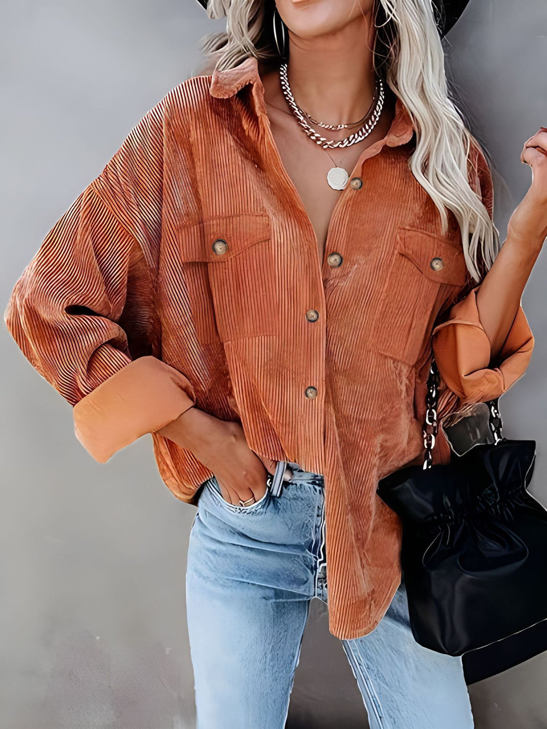 Damen Cordhemdjacke mit doppelter Brusttasche Heidi-Mode