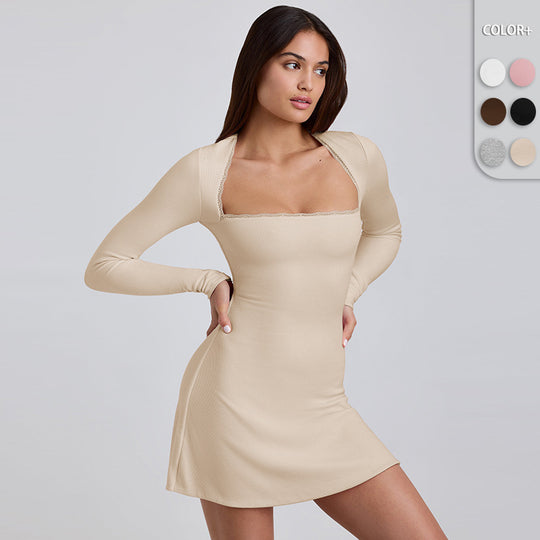 Damen Langärmeliges Minikleid mit elegantem Ausschnitt und Rippstruktur Heidi-Mode