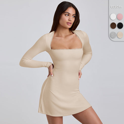 Damen Langärmeliges Minikleid mit elegantem Ausschnitt und Rippstruktur Heidi-Mode