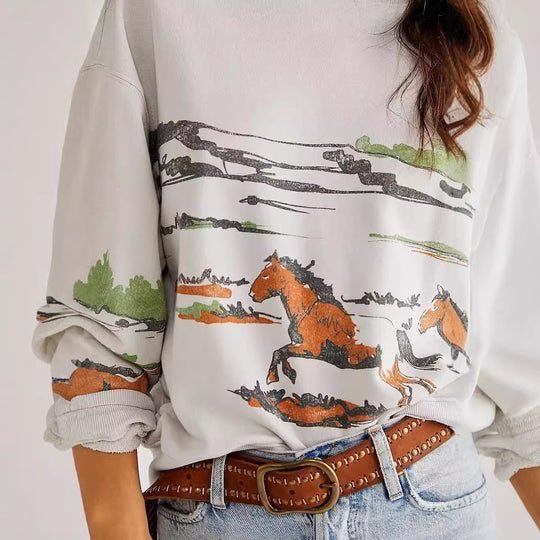 Damen Sweatshirt mit kreativer Pferdemotiv-Grafik und lässigem Schnitt Heidi-Mode