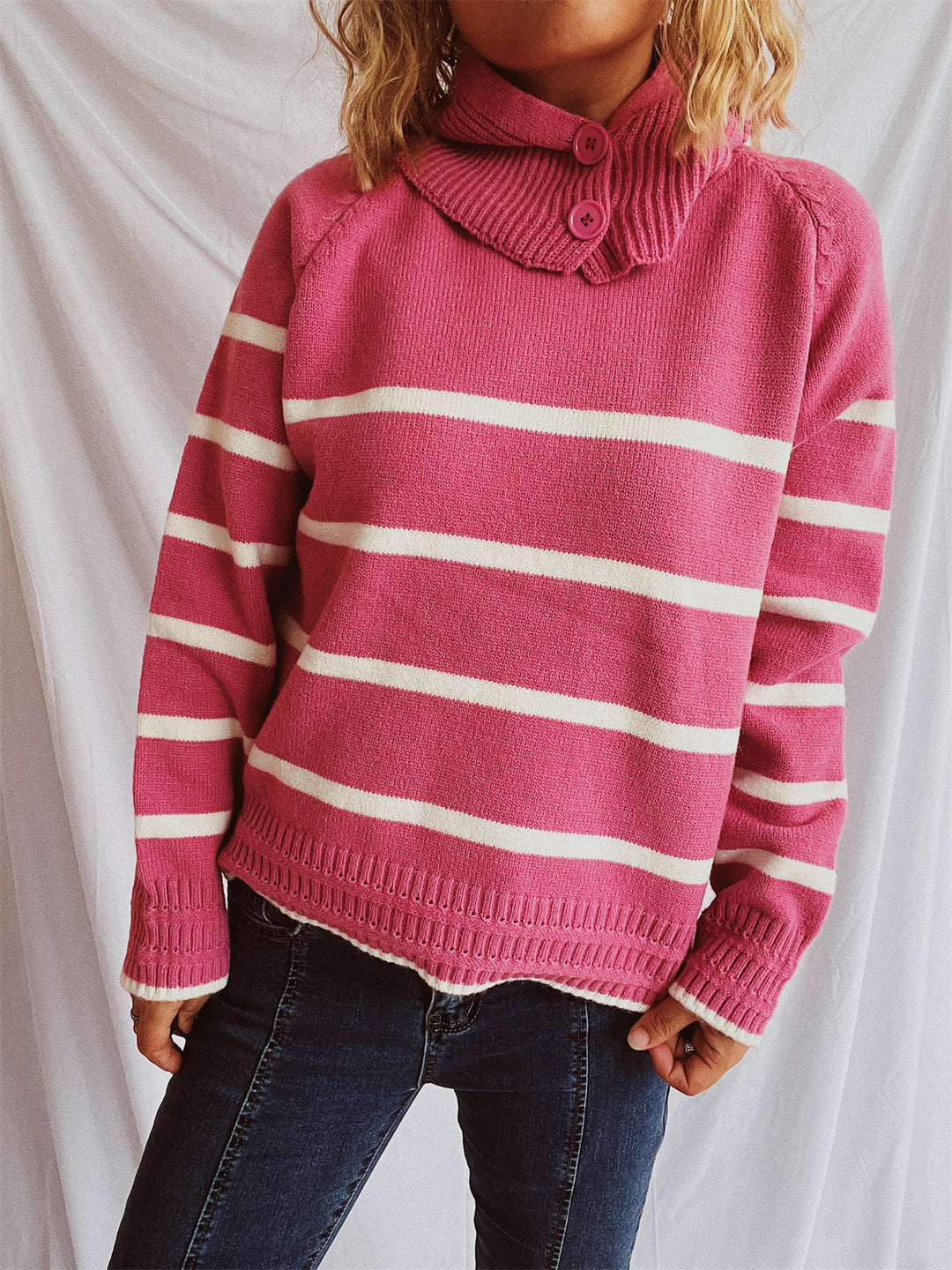 Damen lässiger Pullover mit strukturiertem Kragen und modischem Streifenmuster Heidi-Mode