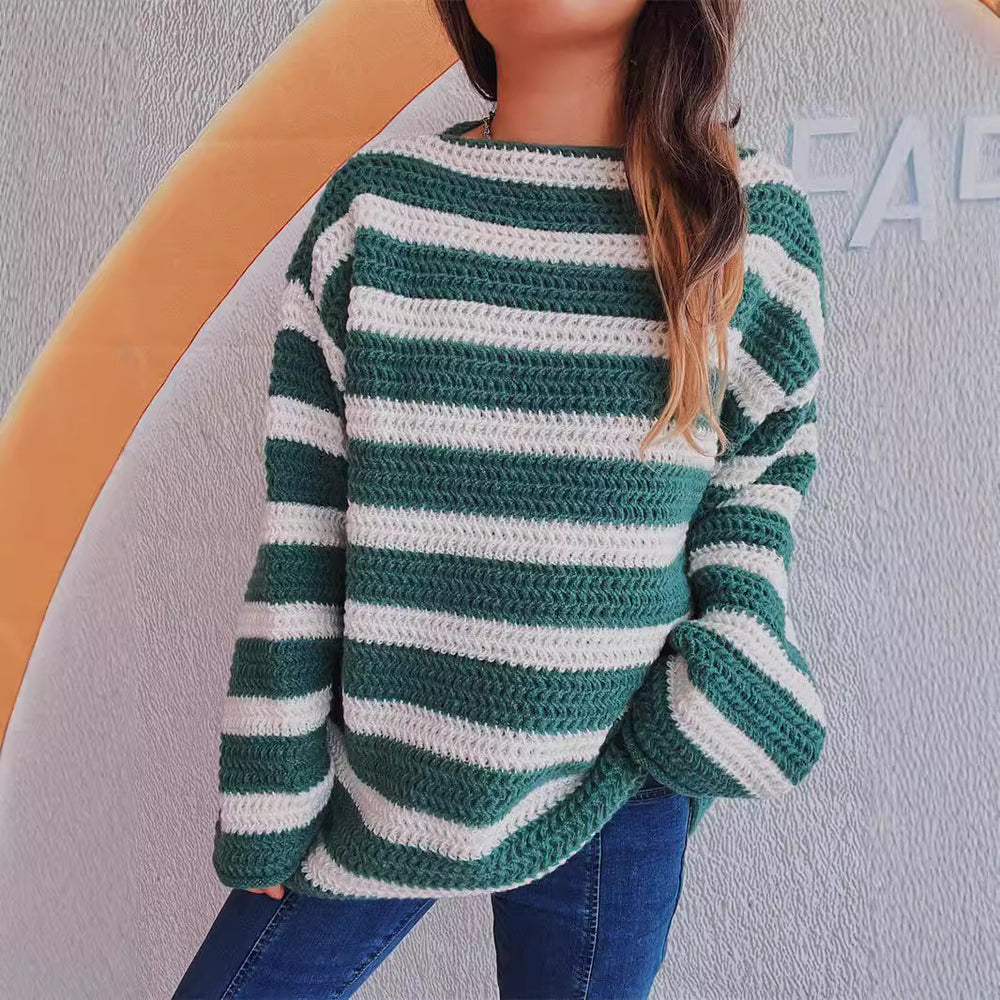 Damen lässiger Strickpullover mit blockierendem Streifenmuster und weitem Schnitt Heidi-Mode