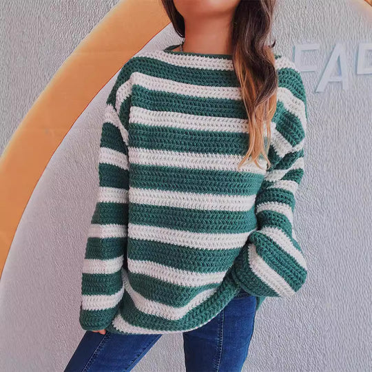 Damen lässiger Strickpullover mit blockierendem Streifenmuster und weitem Schnitt Heidi-Mode