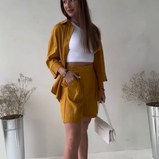 Heidi-Mode | Locker Langarm-Top Lässige Hochbund-Shorts Zweiteiliges Set