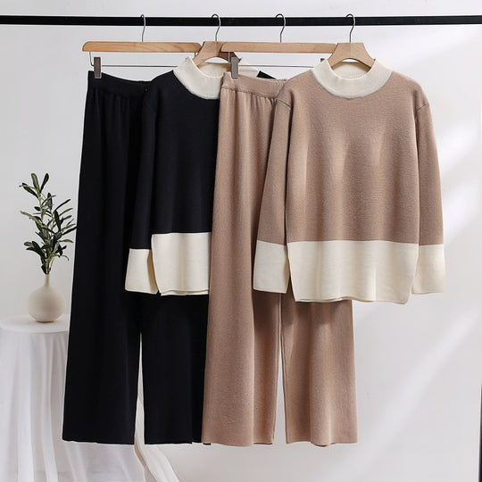 Damen elegantes Strick-Loungewear-Set mit weitem Bund und dekorativem Kragen Heidi-Mode